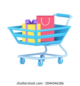 Shopping cart with purchases 3d icon. Blue basket yellow gift and red bag. Symbol for retail and marketing bonuses. Volumetric design of commercial purchases and discounts. Realistic isolated vector