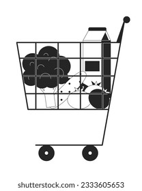 Shopping cart with purchases flat monochrome isolated vector object. Healthy food in basket. Editable black and white line art drawing. Simple outline spot illustration for web graphic design