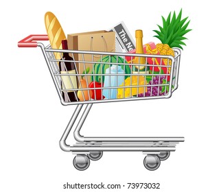 shopping cart with purchases and foods vector illustration