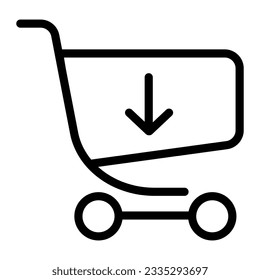 Carro de compras con el icono de la línea baja. Ilustración vectorial de compras en línea aislada en blanco. Trole con el estilo de contorno de flecha abajo diseñado para y aplicación. Eps 10.