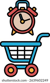A shopping cart with a red alarm clock on top of it. The clock is set to the time of 10:00