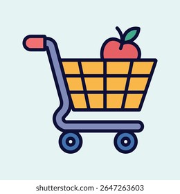 Shopping Cart with Red Apple Icon Flat Design fruit