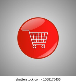 Shopping cart red button isolated on gray background. Shopping cart icon symbol illustration design. Shop icon. Vector EPS 10.