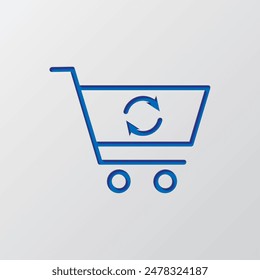 Shopping cart, refresh, loading simple icon vector. Flat design. Paper cut design. Cutted blue symbol with shadow. Gray background.ai