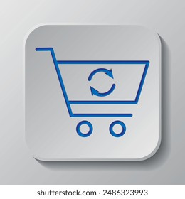 Shopping cart, refresh, loading simple icon vector. Flat design. Paper cut design. Cutted blue symbol with shadow. Gray badge button, gray background.ai