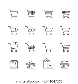 Shopping cart related icons: thin vector icon set, black and white kit