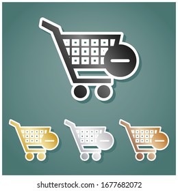 Shopping Cart with Remove sign. Set of metallic Icons with gray, gold, silver and bronze gradient with white contour and shadow at viridan background. Illustration.