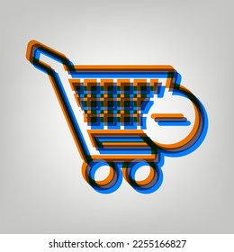 Carro de compras con el signo Quitar. Icono marcado en colores naranja, azul y lavanda antigua en fondo gris. Ilustración.