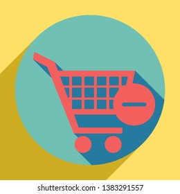 Shopping Cart with Remove sign. Sunset orange icon with llapis lazuli shadow inside medium aquamarine circle with different goldenrod shadow at royal yellow background.