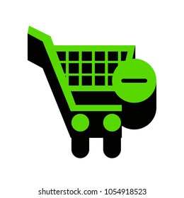 Shopping Cart with Remove sign. Vector. Green 3d icon with black side on white background. Isolated.