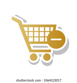 Shopping Cart with Remove sign. Vector. Golden gradient icon with white contour and rotated gray shadow at white background.