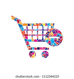 Shopping Cart with Remove sign. Vector. Stained glass icon on white background. Colorful polygons. Isolated.