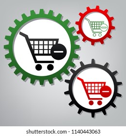 Shopping Cart with Remove sign. Vector. Three connected gears with icons at grayish background.