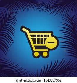 Shopping Cart with Remove sign. Vector. Golden icon with black contour at blue background with branches of palm trees.