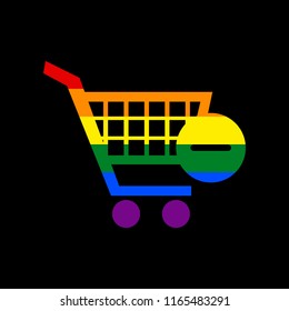 Shopping Cart with Remove sign. Vector. Icon with colors of LGBT flag at black background.