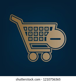 Shopping Cart with Remove sign. Vector. Golden icon and border at dark cyan background.