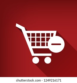Shopping Cart with Remove sign. Vector. White icon with limitless shadow at ruby red background.