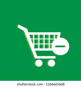 Shopping Cart with Remove sign. Vector. White flat icon with yellow striped shadow at green background.