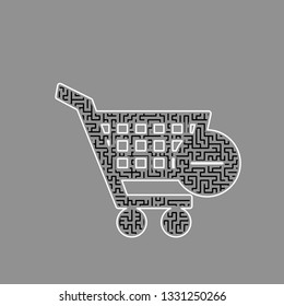 Shopping Cart with Remove sign. Vector. Black maze filled icon with white border at gray background.