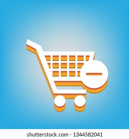 Shopping Cart with Remove sign. Vector. White icon with 3d warm-colored gradient body at sky blue background.