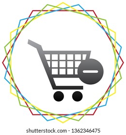 Shopping Cart with Remove sign. Vector. Black icon with patch of light inside colorful hexagonal frames at white background.