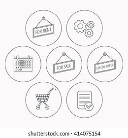 Shopping cart, for rent and special offer icons. For sale linear sign. Check file, calendar and cogwheel icons. Vector