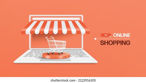 A shopping cart rests on a round podium and all of them are placed on computer laptop stores,vector 3d isolated on pastel orange background for online shopping advertising concept design