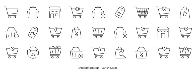 Shopping Cart And Retail Icon Set. E-Commerce, Online Shopping, And Retail Management Outline Symbol Collection. Marketing And Sales Tools. Editable Stroke. Isolated Vector Illustration.
