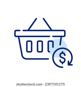 Shopping cart with return dollar arrow. Cash back and rewards symbol. Pixel perfect icon
