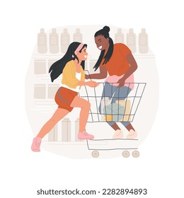 Shopping cart riding isolated cartoon vector illustration. Smiling teenage girls having fun near food shop, happy friends shopping time, cart riding near supermarket vector cartoon.