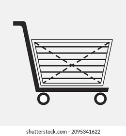 Shopping cart. Rolling basket with wheels for purchases. Trolley consists of several structural elements. Base, mesh basket, wheels and handle. Rear wall and folding wall with supporting surface.