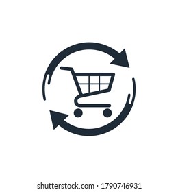 Shopping cart and rotation arrows. Vector linear icon isolated on white background.