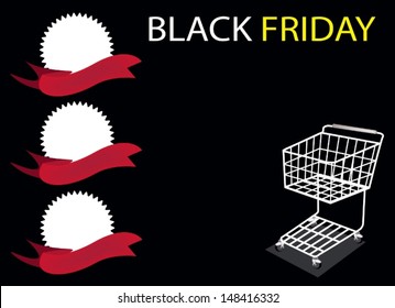 A Shopping Cart and Round Label on Black Friday Background with Copy Space and Text Decorated, Sign for Start Christmas Shopping Season. 