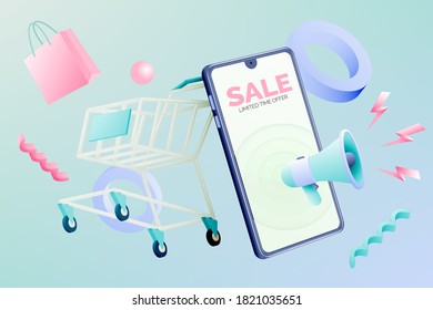 Shopping cart for sale banner in paper art style and pastel scheme vector illustration