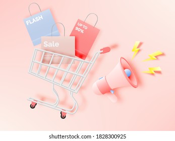 Shopping cart for sale banner in paper art style and pastel scheme vector illustration
