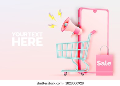 Shopping cart for sale banner in paper art style and pastel scheme vector illustration