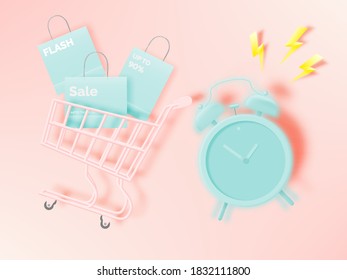 Shopping cart for sale banner in paper art style and pastel scheme vector illustration