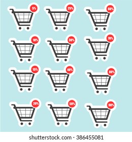 Shopping cart sale isolated icons. Vector set. Collection of discount stickers with discount range. Labels for products, stores, shops and commerce. Design elements for 
directory, catalogues, lists