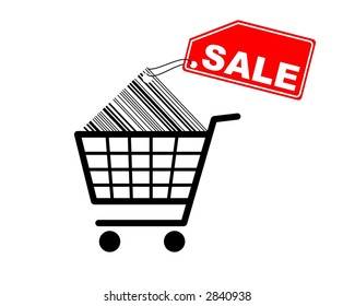 Shopping cart with sale label on barcode - vectors