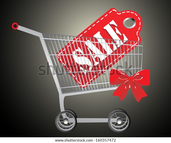 Shopping cart with sale tag. Concept of\
discount. Vector\
illustration.