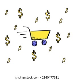 Shopping cart sales with us dollar sketch vector illustration. Hand drawn icons set