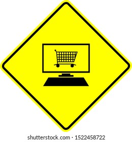 shopping cart in the screen of a desktop computer yellow vector sign