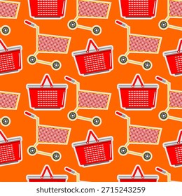 Patrón sin fisuras de Carrito de compras. Patrón sin fisuras de la cesta de la compra. Patrón de Carrito de compras y cesta de la compra sobre fondo naranja.