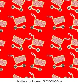 Patrón sin fisuras de Carrito de compras. Patrón sin fisuras de Carrito de compras. Patrón de Carrito de compras sobre fondo rojo. Ilustración de icono de Carrito de compras.