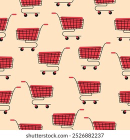 Patrón sin fisuras de Carrito de compras. Carro sobre fondo beige. Fondo de pantalla de venta y marketing.  