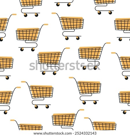 Shopping cart seamless pattern. Trolley on white background. Sale and marketing wallpaper.  