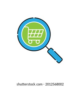 Carro de compra con el icono de búsqueda Diseño vector. Icono de carro de compras con concepto de diseño de búsqueda para comercio electrónico, tienda online y sitio web de mercado, móvil, logotipo, símbolo, botón, signo, interfaz de usuario de la aplicación