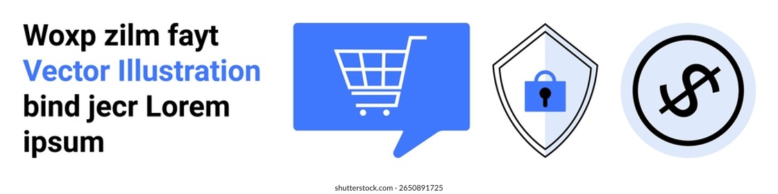 Carrinho de compras, escudo de segurança com bloqueio e ícones de cifrão. Ideal para e-commerce, varejo on-line, segurança on-line, pagamentos digitais, finanças, transações seguras, web design. Página inicial