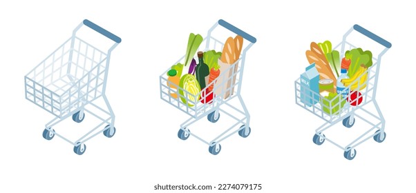 Shopping cart set - empty and filled up with grocery