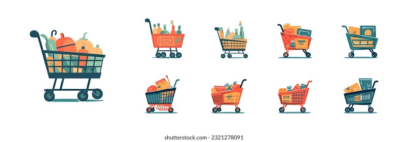 Shopping cart set flat cartoon isolated on white background. Vector illustration